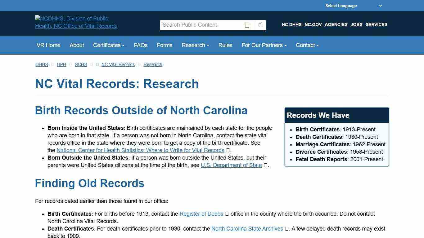 NCDHHS: DPH: NC Vital Records: Research